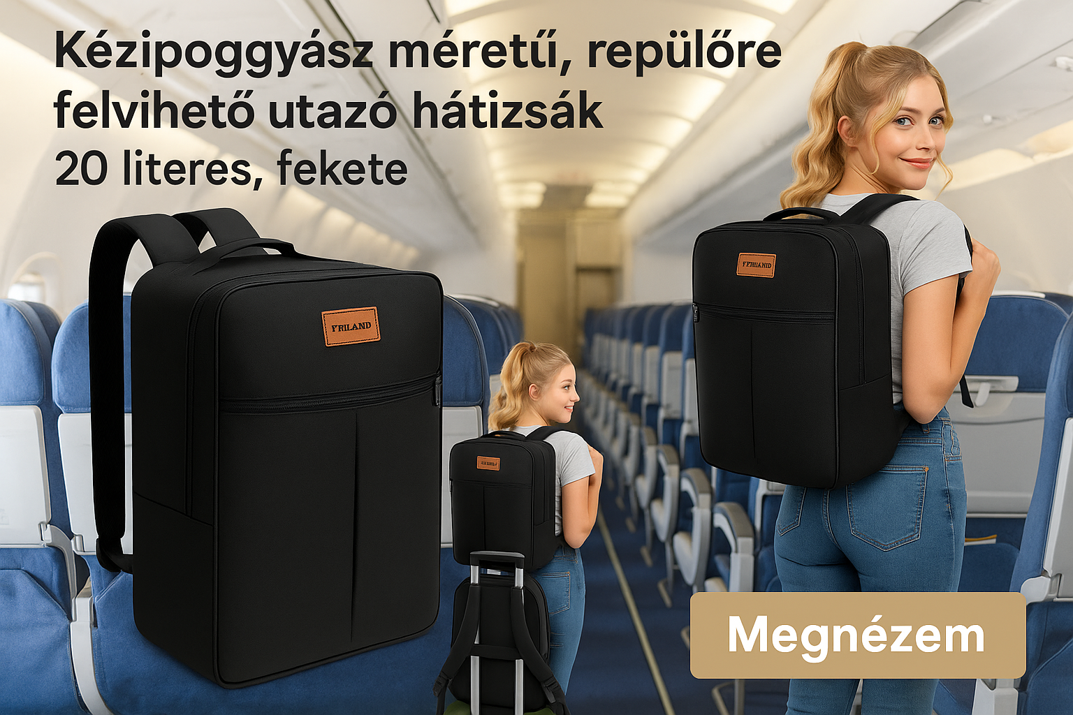 Kézipoggyász méretű, repülőre felvihető utazó hátizsák, 20 literes, fekete